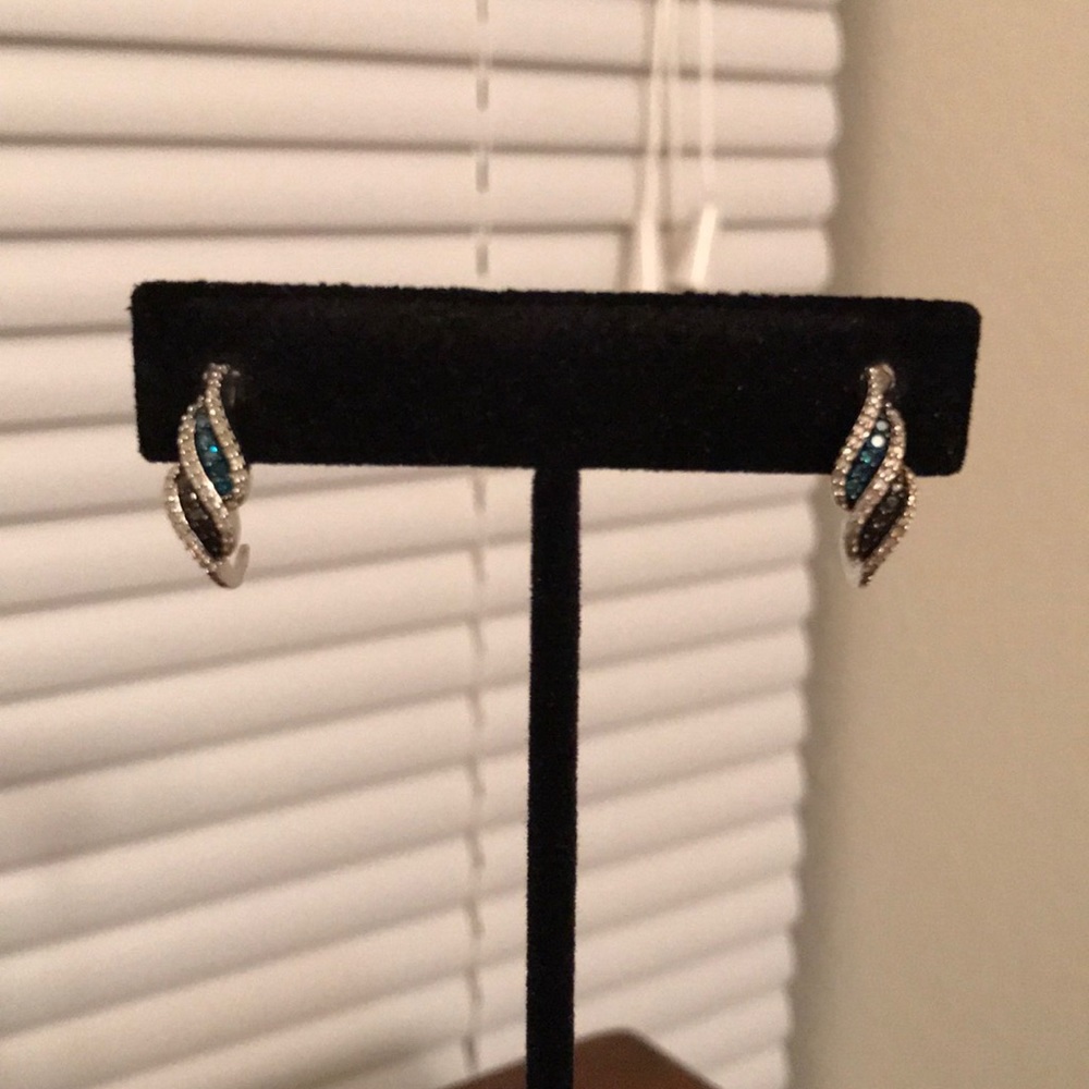 Blue, Black, and White Diamond Silver Earrings